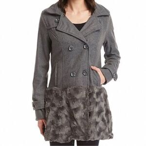 NY Yoki Gray Faux Fur Trim Wool Blend Peacoat Jacket Women’s Size L City Chic